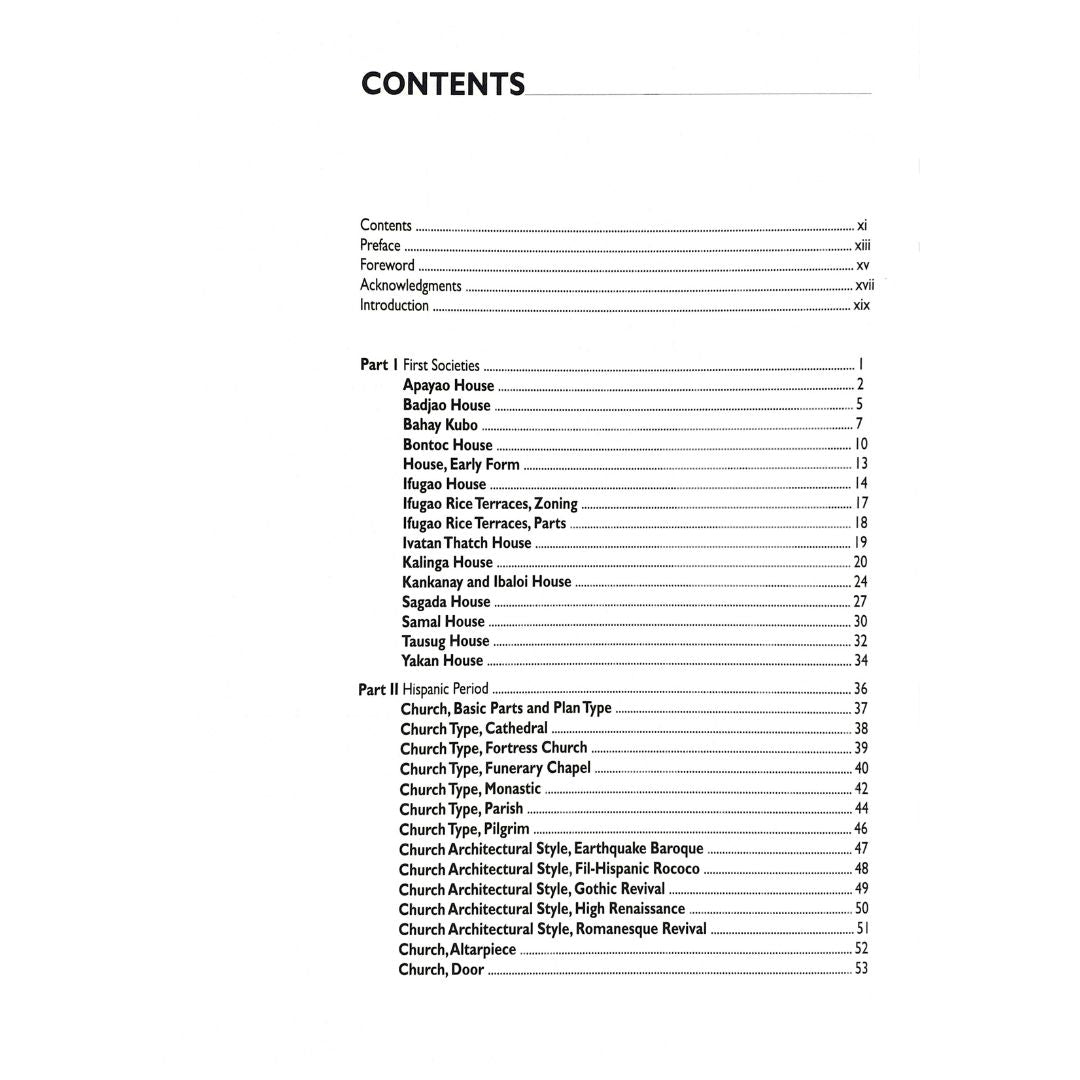 Diksiyonaryong Biswal ng Arkitekturang Filipino: A Visual Dictionary on Filipino Architecture by Rino D.A. Fernandez Table of Content